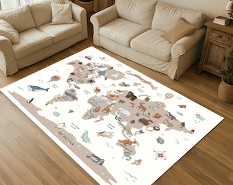 May include: A rectangular area rug featuring a world map design with continents in tan and oceans in white. The map is illustrated with various animals and landmarks. The rug is placed on a wooden floor, with two beige sofas visible in the background.