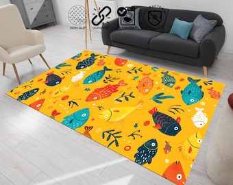 Fish Rug: Whimsical Ocean Pattern, Custom Size Kitchen Rug