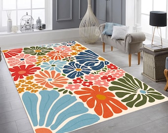 Carpette à fleurs colorées des années 70 : tapis d'accent de fleurs colorées