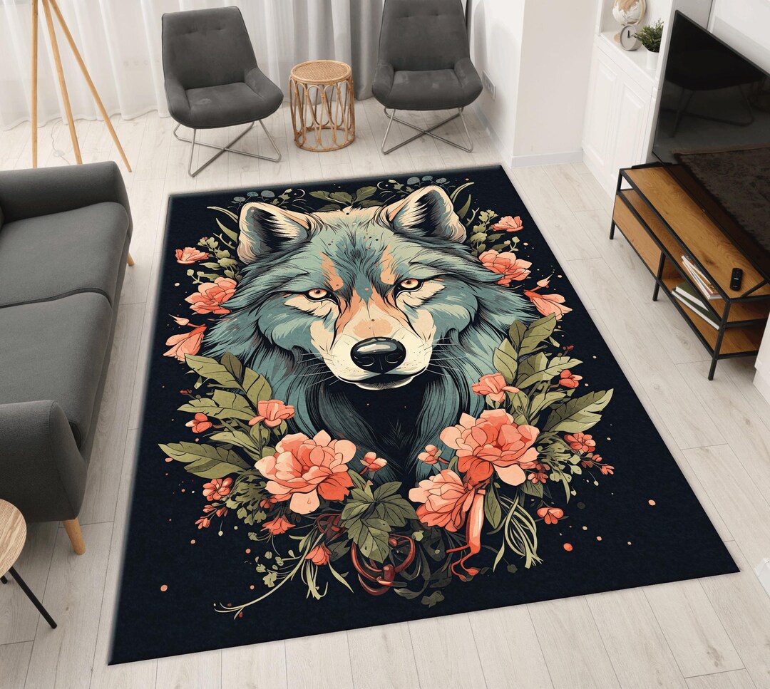 Wolven Rug Floral Wolf Area Rug: Traditional Style - Etsy
