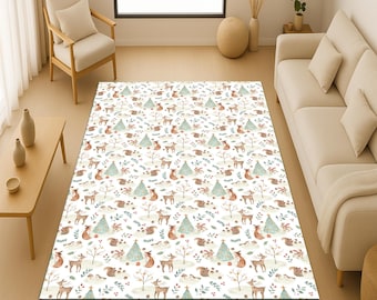 Tapis pour chambre d'animaux des bois : tapis de jeu en forêt en hiver