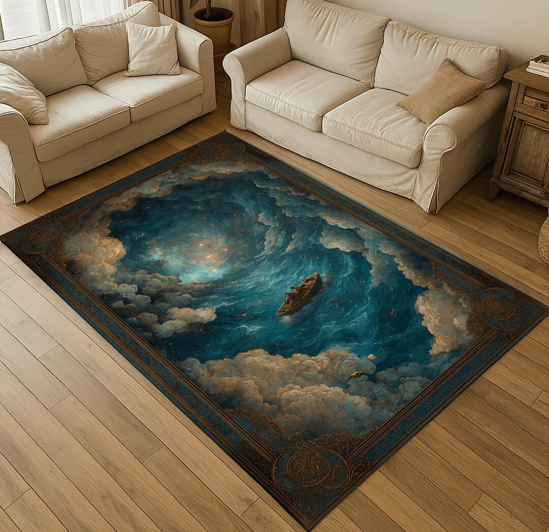 Starry Night Moon Phase Floral Rug: Celestial Home Decor, Cloud Rug - Etsy