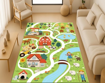 Farming Rug For Kids; Farm Animal Play Rug, Animals Themed Nursery Carpet