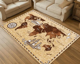 Puede incluir: Alfombra rectangular con diseño de mapa del mundo vintage. Fondo beige con mapa detallado en tonos marrones. Incluye rosa de los vientos, veleros y nombres de océanos. Estilo antiguo.