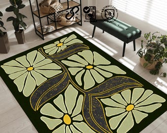 Tapis floral rétro années 70 : déco groovy verte et noire