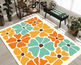 Tapis Groovy Daisy Années 70 : Tapis tissé à fleurs rétro