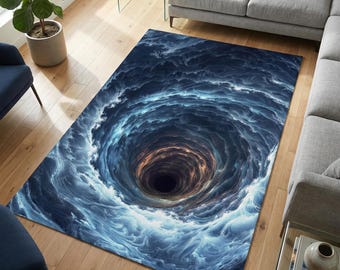 May include: A rectangular area rug with a swirling vortex design. The rug features a dark blue and white color scheme, with a central black hole effect. The design creates an illusion of depth and movement, suitable for a living room.