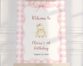 One Cute Chick Welcome Sign for Girl Birthday, Editable Template, This Chick is Turning One Birthday Decor