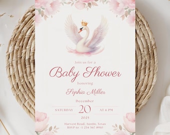 Puede incluir: Invitación a un baby shower con una ilustración de un cisne coronado, rodeado de flores rosas. La invitación incluye detalles para el baby shower de Sophia Miller, incluyendo la fecha, hora y lugar.