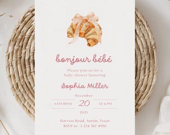 Bonjour Bebe Baby Shower Invite, Cafe Bebe Baby Shower Girl, Croissant Pink Bow Baby Shower, Paris Baby Shower Invite, Croissant Bebe