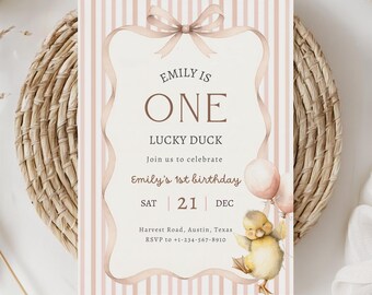 Beige Lucky Duck 1st Birthday Invitation Template (Digital Download)