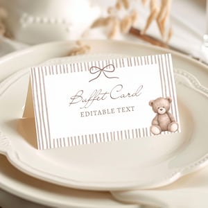 Bären-Babyparty-Lebensmitteletikettenvorlage, Teddybär-Babyparty-Buffetkarte, Bär-Babyparty-Nahrungszelt, neutrale Babyparty BW2