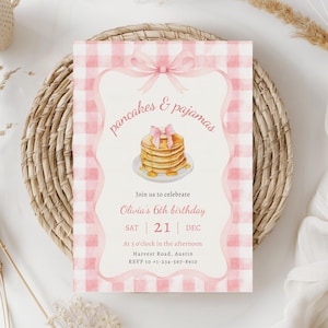 Pannkakor och pyjamas födelsedagsinbjudan, rosa rosetter, tjejbrunch