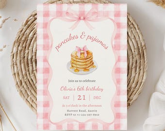 May include: A pink and white gingham patterned invitation with the text "pancakes & pajamas" and a stack of pancakes with syrup. The invitation is for Olivia's 6th birthday, with the date of December 21st.