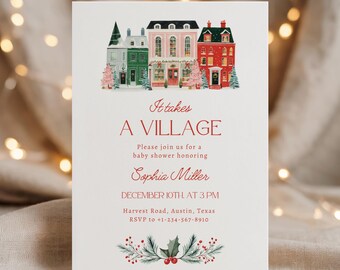 Op de afbeelding: Een uitnodiging voor een babyshower met een aquarel illustratie van kleurrijke gebouwen. De tekst luidt "It takes a village" en bevat de evenementdetails: Sophia Miller, 10 december om 15.00 uur en RSVP-informatie.