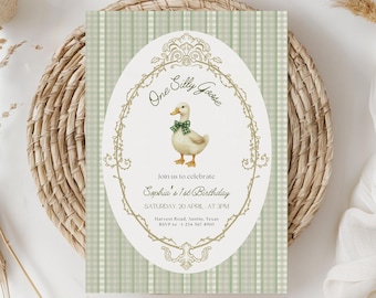 Silly Goose First Birthday Invitation – Neutral Farm Baby Shower Invite, Editable Printable Card