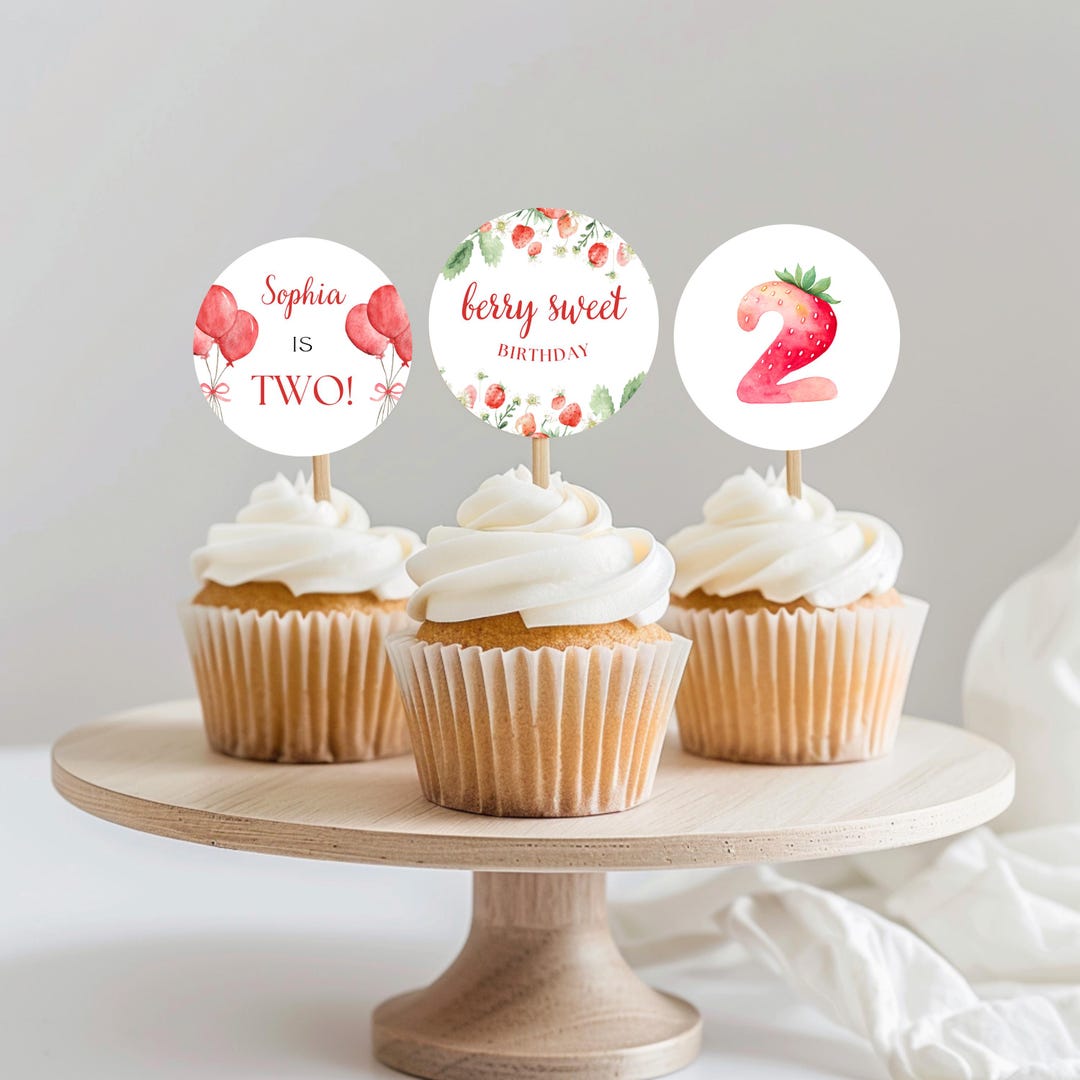 Strawberry Cupcake Toppers: Editable Berry Second Birthday Decor - Etsy
