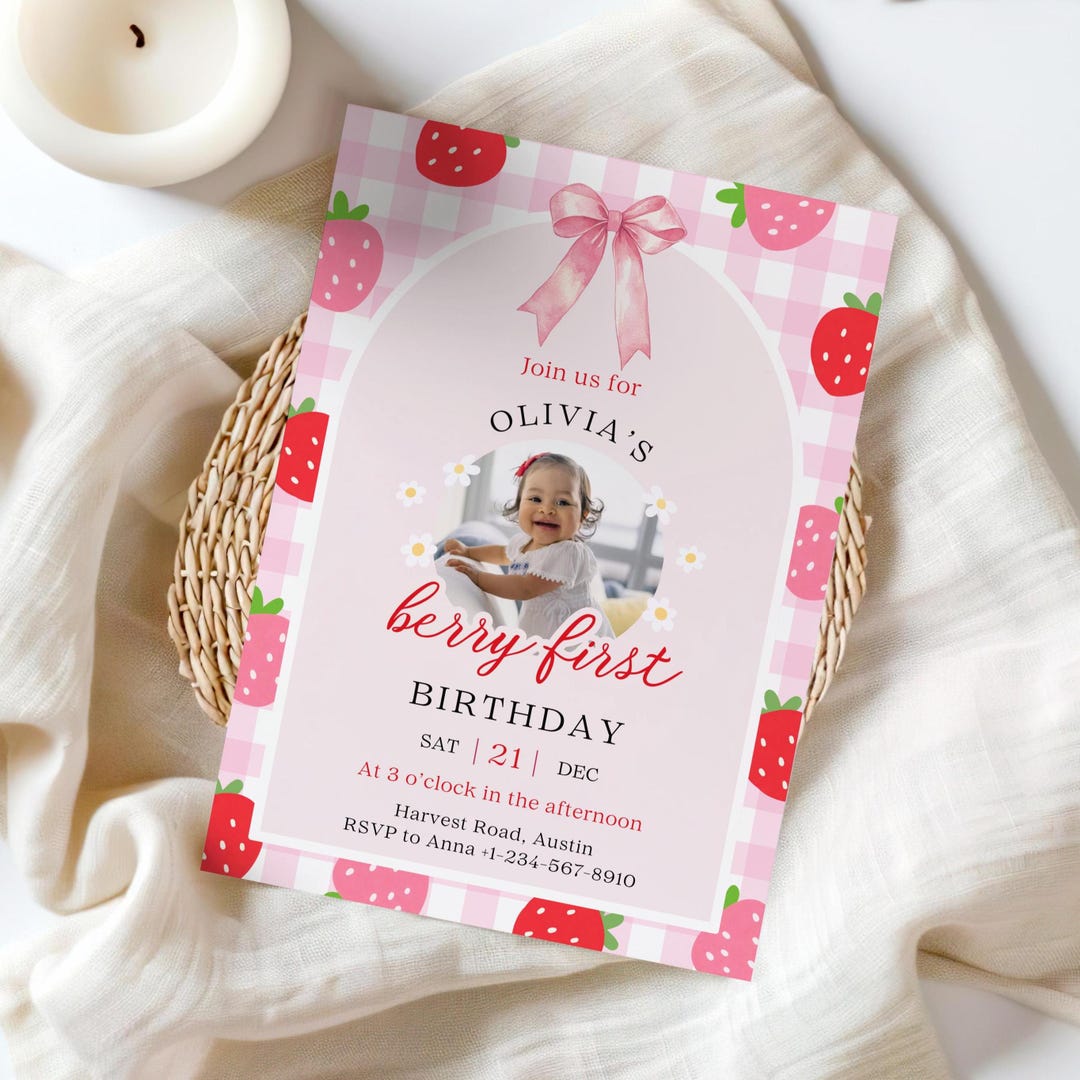 Berry First Birthday Photo Invitation, Editable Strawberry 1st Birthday ...