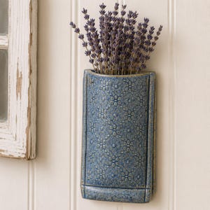 Vintage Blue Pottery Wall Pocket Vase, Textured Ceramic Hanging Planter, Wall Decor, Handmade Style Vase
