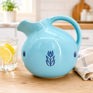 Vintage 1960"s Cronin / Cameron Pottery USA Blue Tulip Pitcher, 2 Quart, Robin Egg Blue, Mid Century Kitchen, Cottage Farmhouse Decor