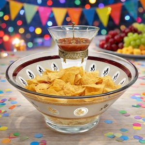 Vintage MCM Anchor Hocking Golden Wheat Chip and Dip/Salad Bowl with Caddy Attachment