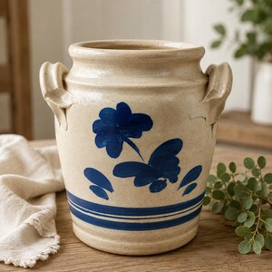 Terry Plasket Stoneware Crock, Signed Studio Pottery, Cobalt Blue Floral Handled Vessel, Wheaton Arts New Jersey Pottery, 9 Inch