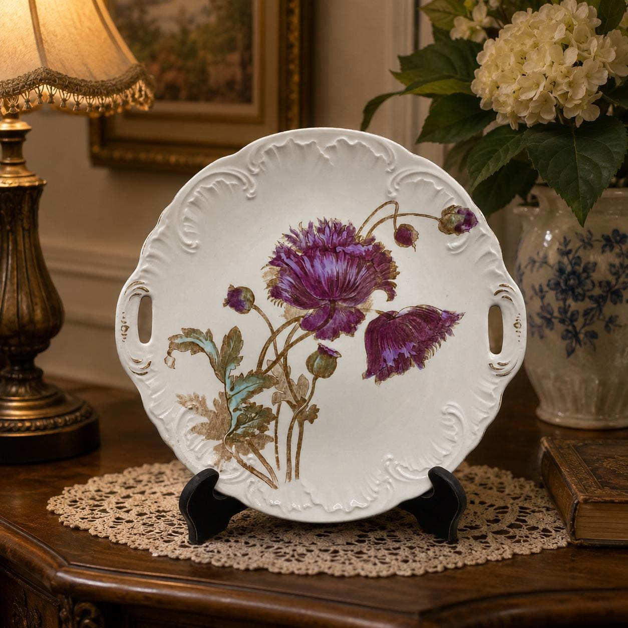 Antique Purple Floral Decorative Plates - Etsy Vintage White Porcelain Serving Platter with Purple Floral Decal and Gold Trim main image 1
