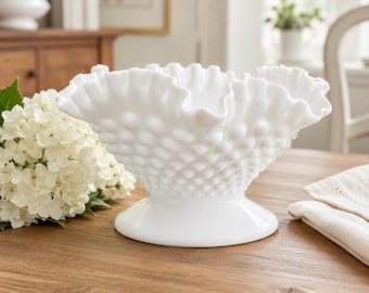 Vintage White Milk Glass Hobnail Pedestal Compote Bowl 8" Ruffled Edge Candy Dish Mid Century Centerpiece
