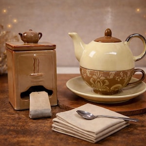 May include: A ceramic tea set with a teapot, teacup, and saucer. The teapot is cream and brown, with a matching lid. The teacup has a brown floral design. A tea bag dispenser and a stack of napkins are also present.