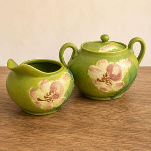 Antique Japanese Awaji Pottery Creamer Sugar Set, Matte Chartreuse Green Raised Floral Relief, Art Pottery, Japan c 1910s 1920s