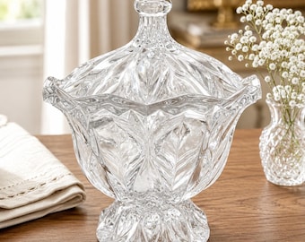 Mikasa Calliope Blossom Crystal Covered Candy Dish, Pedestal Bonbon Bowl with Lid, Clear Crystal Candy Compote