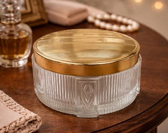 Vintage Art Deco Glass Powder Jar w Brass Plated Lid, Ribbed Vanity Jar, Floral Motif Glass, Dresser Vanity Storage, MCM Trinket Dish