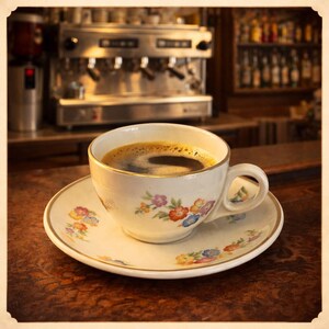 May include: A cup of coffee on a saucer, both with floral patterns. The coffee cup is filled with dark coffee and sits on a wooden surface. A coffee machine is in the background.