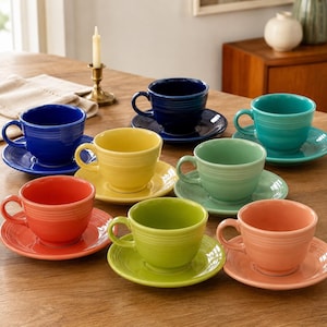 May include: A collection of eight ceramic tea cups and matching saucers in various solid colors including dark blue, bright blue, yellow, turquoise, light green, lime green, coral, and peach, each featuring a rounded handle and ridged base.