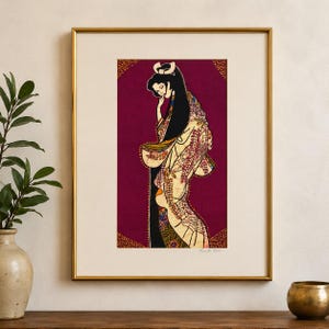 May include: A framed art print featuring a stylized illustration of a person with long black hair wearing a cream-colored kimono with intricate red and gold floral patterns, set against a deep burgundy background with a decorative gold border.