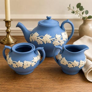 May include: A matte blue ceramic tea set consisting of a teapot with a lid, a two-handled sugar bowl, and a creamer pitcher. Each piece features a raised white relief pattern of trailing maple leaves wrapped around the exterior surfaces.