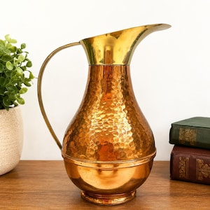 Vintage Hammered Copper & Brass Pitcher, Handcrafted Ewer, Mid Century  Vase, Rustic Farmhouse Decor, Indian Copper Jug, Decorative Pitcher
