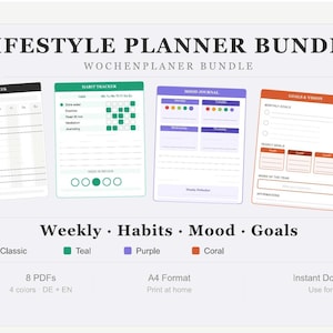Könnte beinhalten: Ein digitales Lifestyle-Planer-Bundle mit vier verschiedenen Planer-Designs: My Week, Habit Tracker, Mood Journal und Goals & Vision. Das Bundle enthält 8 PDFs in 4 Farben, sofortiger Download.