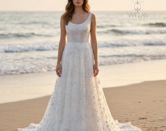 Scoop Neckline Wedding Dress, Beach Wedding Dress, Lace Applique Wedding Dress, A Line Wedding Dress, Wedding Gown, Sleeveless Wedding Dress