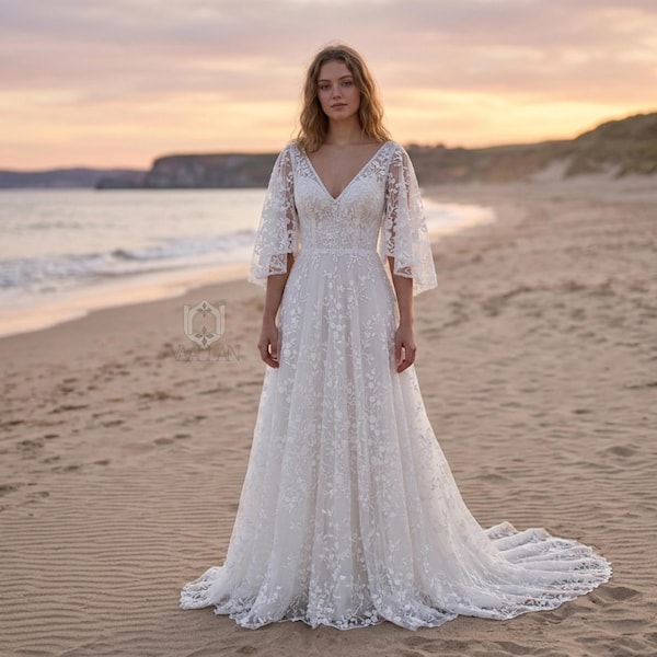 Butterfly sleeves wedding dress, A line wedding dress, V neck wedding dress, Beach wedding dress, bride dress, lace applique wedding dress