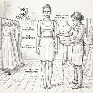 May include: A black and white line drawing showing a person being measured for a garment. The image includes labels for bust, waist, hips, arm length, and hollow to hem measurements, with the text VAALLAN and a logo visible at the top left.