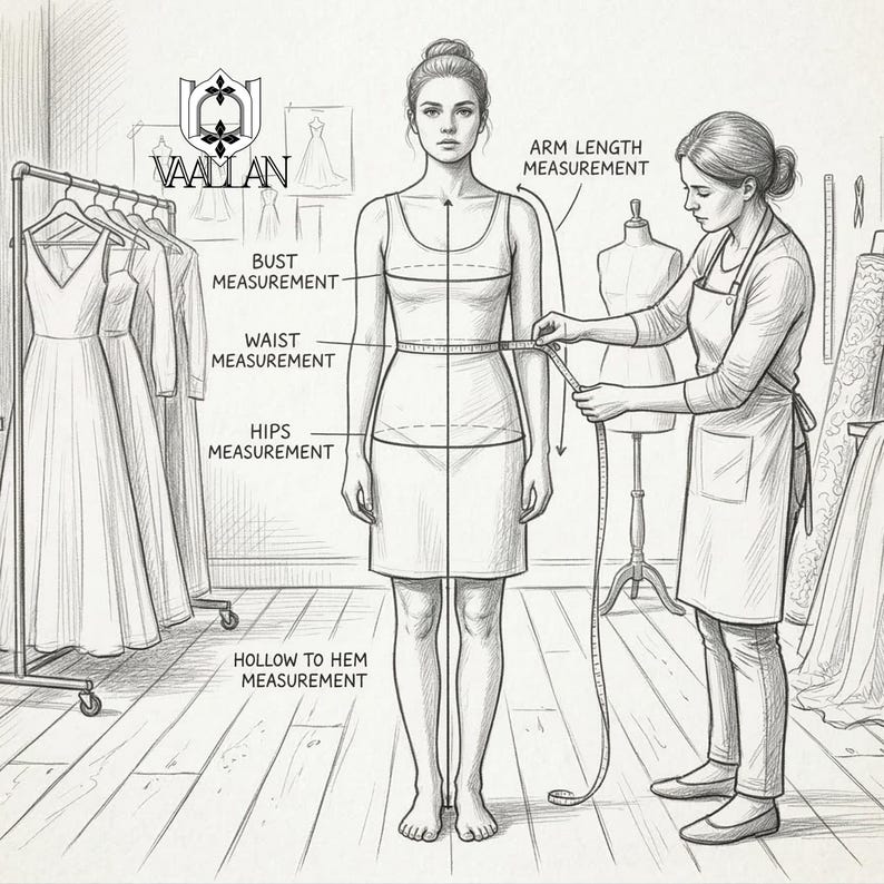 May include: A black and white line drawing showing a person being measured for a garment. The image includes labels for bust, waist, hips, arm length, and hollow to hem measurements, with the text VAALLAN and a logo visible at the top left.