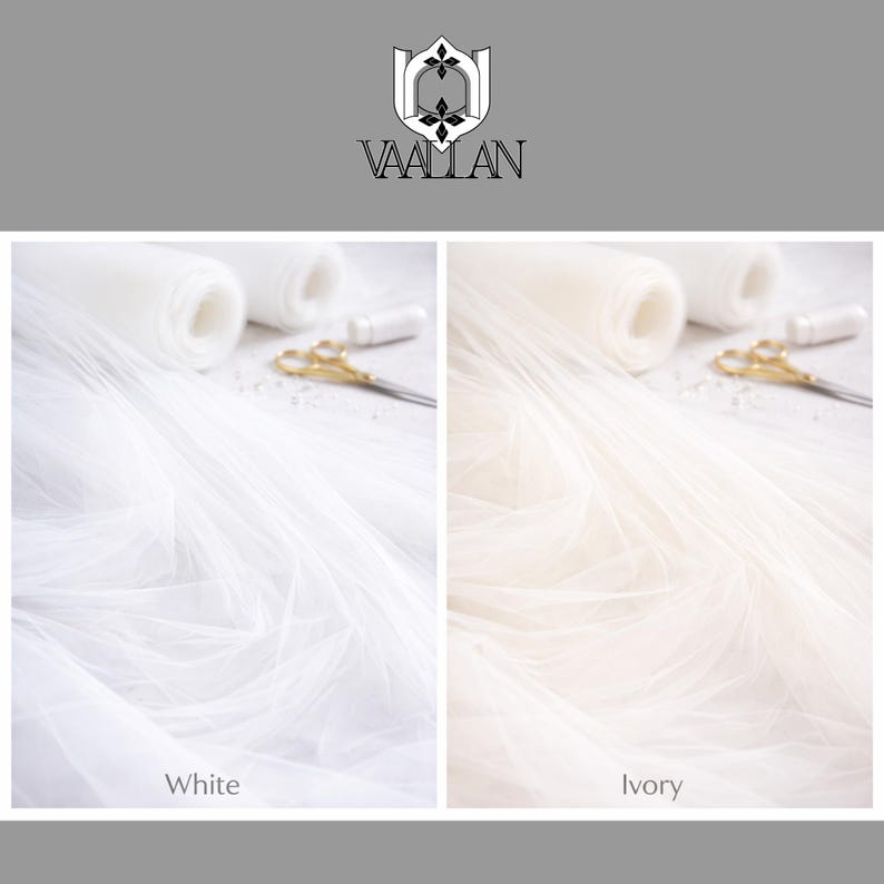 May include: A split-screen display showing white and ivory tulle fabric rolls. Each side features a roll of sheer netting, a small white spool of thread, and gold-toned scissors. The top center displays the Vaallan logo and brand name.