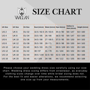 May include: A size chart for Vaallan wedding dresses featuring a table with US, UK, and EU sizes alongside bust, waist, hips, hollow to hem, and height measurements in inches and centimeters. Text advises choosing sizes carefully for the best fit.