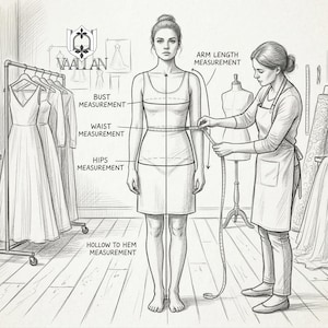 Pu&ograve; includere: Un disegno a linee in bianco e nero che mostra una persona che viene misurata per un capo di abbigliamento. L'immagine include etichette per le misure di busto, vita, fianchi, lunghezza braccio e cavo-orlo, con il testo VAALLAN e un logo.