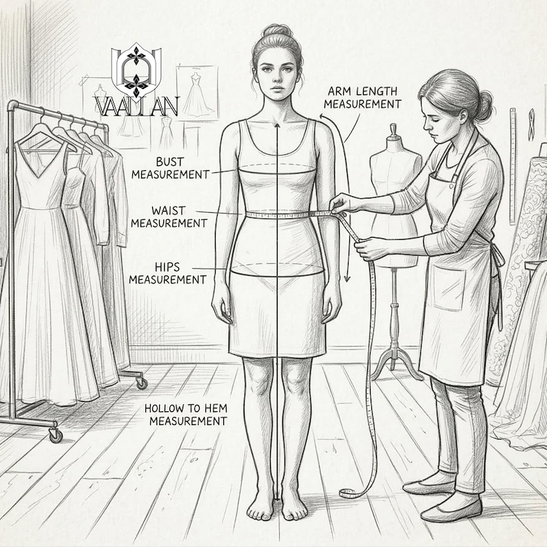 Pu&ograve; includere: Un disegno a linee in bianco e nero che mostra una persona che viene misurata per un capo di abbigliamento. L'immagine include etichette per le misure di busto, vita, fianchi, lunghezza braccio e cavo-orlo, con il testo VAALLAN e un logo.