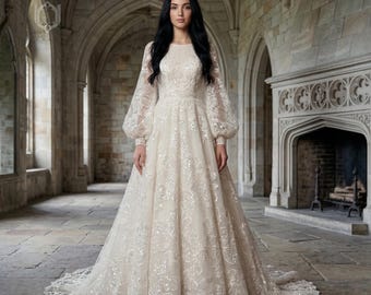 Round Neckline Wedding Dress, Modest Wedding Gown, Bride Wedding Gown, Long Sleeves Wedding Dress, A-Line Wedding Dress, Lace Wedding Dress