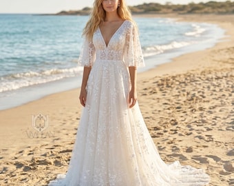 A Line Wedding Dress, V Neckline Wedding Dress, Brides Gown, Butterfly Sleeves Wedding Dress, Lace Boho Wedding Dress, Beach Wedding Dress
