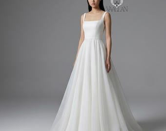 Satin Wedding Dress, Floor Length Wedding Dress, Sleeveless Wedding Dress, Beach Wedding Dress, Brides Boho Dress, Square Neck Wedding Dress