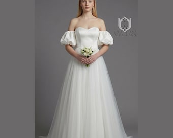 A line wedding dress, Beach wedding dress, Wedding dress satin, Puffy sleeves bride dress, Boho wedding dress, Modern elegant wedding dress